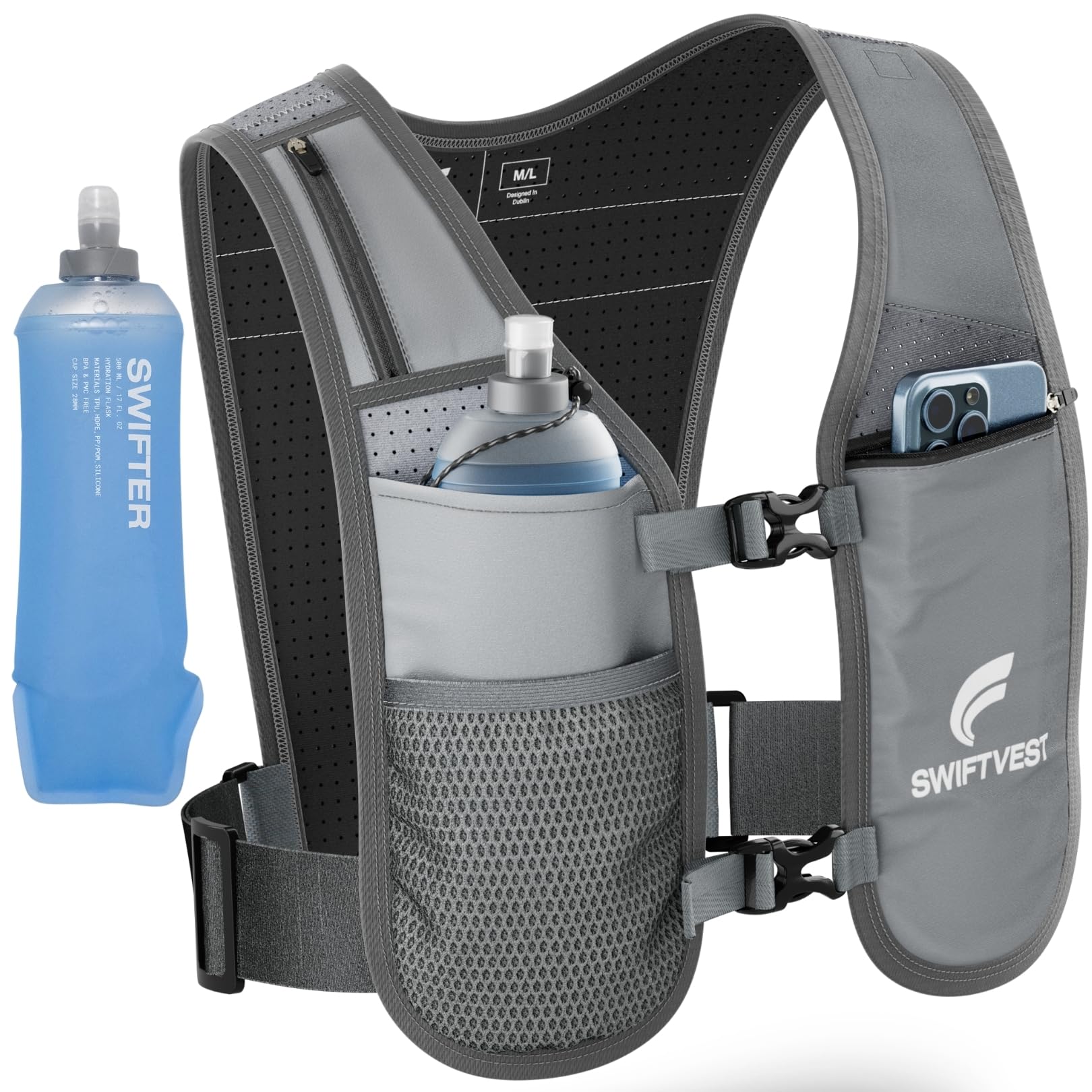 SWIFTVEST Running Vest for Women Men, INCLUDED - 500ml Soft Flask Water Bottle, Lightweight Reflective Phone Holder, Hydration Vest, Adjustable Unisex, Running Accessories
