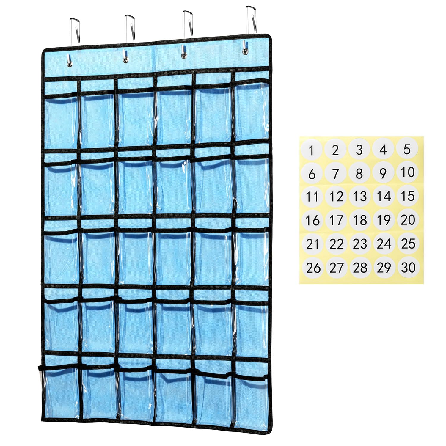 KEEPJOY Classroom Pocket Chart for Cellphone Calculator Holder, 30 Clear Pocket Charts for Classroom 33.5 x 24.5 inch Hanging cell phone Organizer Storage (Blue-30 pockets)