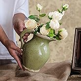 8 Inch Vintage Pitcher Vase, Rustic Green Ceramic Vases Flower Vase Farmhouse Decorative Pitchers for Home Decor, Terracotta Vases for Home Table Centerpiece Living Room Chinoiserie Decor