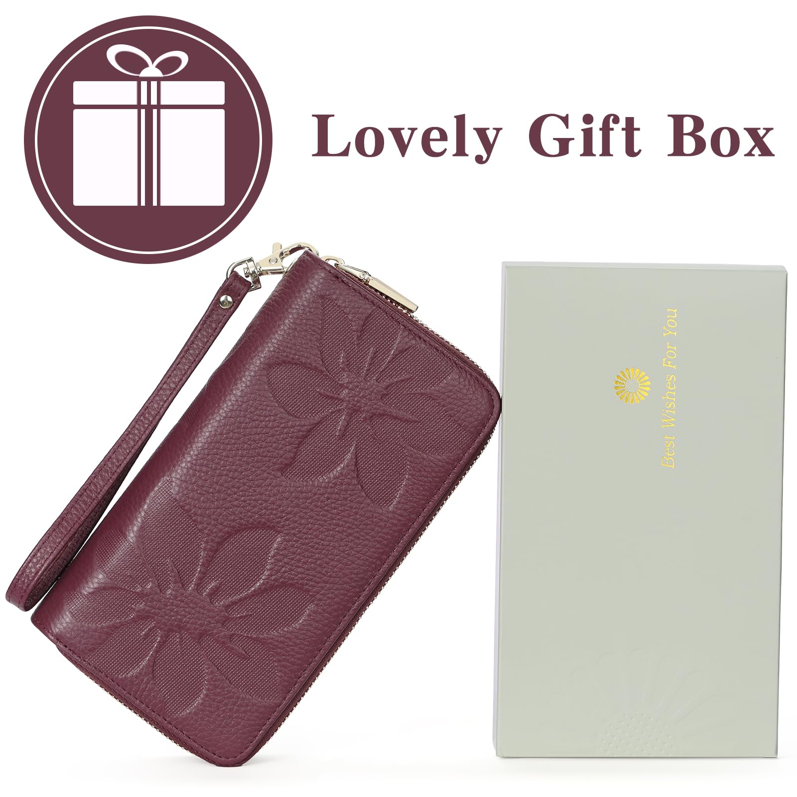 GOIACII Women's Wallet Large Capacity Double Zip Ladies Card Phone Holder RFID Blocking Wristlet Leather