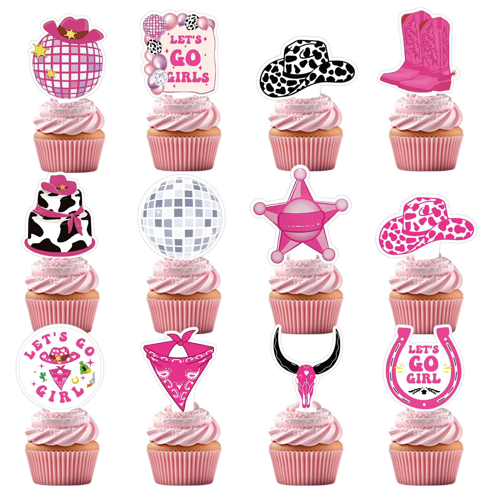Photo 1 of Yoomod 36PCS Cowgirl Cake Cupcake Toppers Let's Go Girls Party Decor Pink Disco Western Rodeo Birthday Bachelorette Decorations