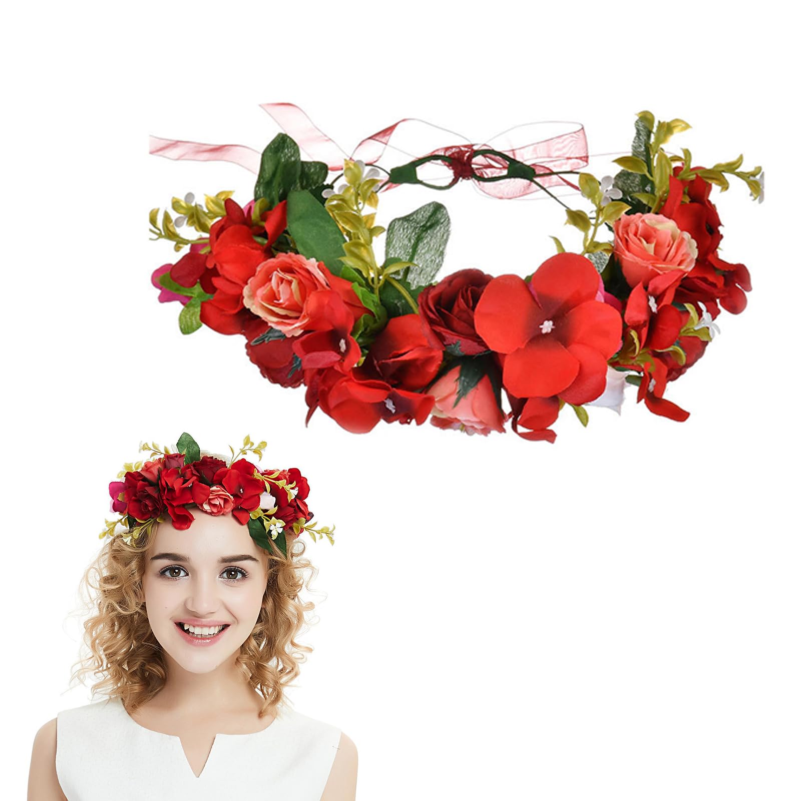 AWOCAN Women Flower Crown Headband Flower Headpiece Floral Crown Wedding Bridal Hair Garland Adjustable Flower Hair Wreath Crown for Women (RED) — image 1