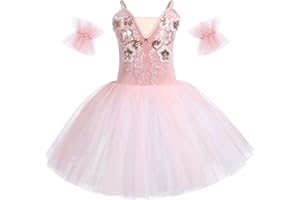 AFAVOM Toddler Ballet Leotards for Girls Glitter Tulle Skirt 2PCS Ruffle Sleeve Tutu Dresses with Hair Clip One Piece Outfits