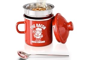 PGYARD Mini Bacon Grease Saver With Strainer - 15OZ Enamel Grease Container, Farmhouse Bacon Grease Keeper For Kitchen Fat Storage, Dishwasher Safe-Red