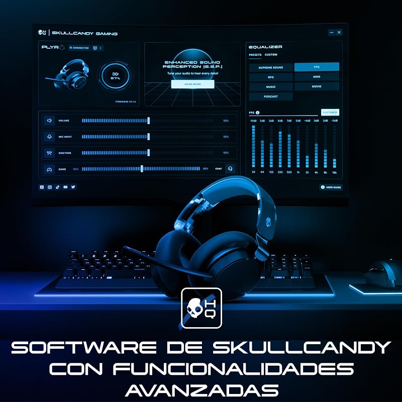 Skullcandy SLYR Pro Over-Ear Multiplatform Wired Gaming Headset, com perceção de som aprimorada, microfone AI, compatível com Xbox PlayStation e PC - Azul