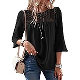 Dokotoo Women's 2025 Fall Fashion Tops 3/4 Sleeve Crewneck Shirts Casual Chiffon Boho Lace Blouses