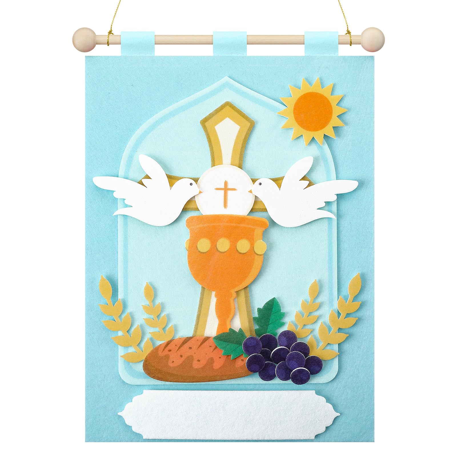 Wettarn First Communion Banner Kit for Boys Girls 9 x 12 Catholic Christian Religious Crafts Felt DIY Holy Communion Banner for Kids Sunday School Church Activity Baptism Party Decoration(Light Blue)