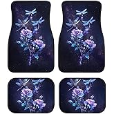 Wideasale Dragonfly and Rose Car Floor Mat Carpet 4 Pieces Set for Women Anti-Slip Auto Car Front and Rear Floor Mats Carpets for SUV Trunk Accessories Heavy Duty Full Interior Protection Carpets