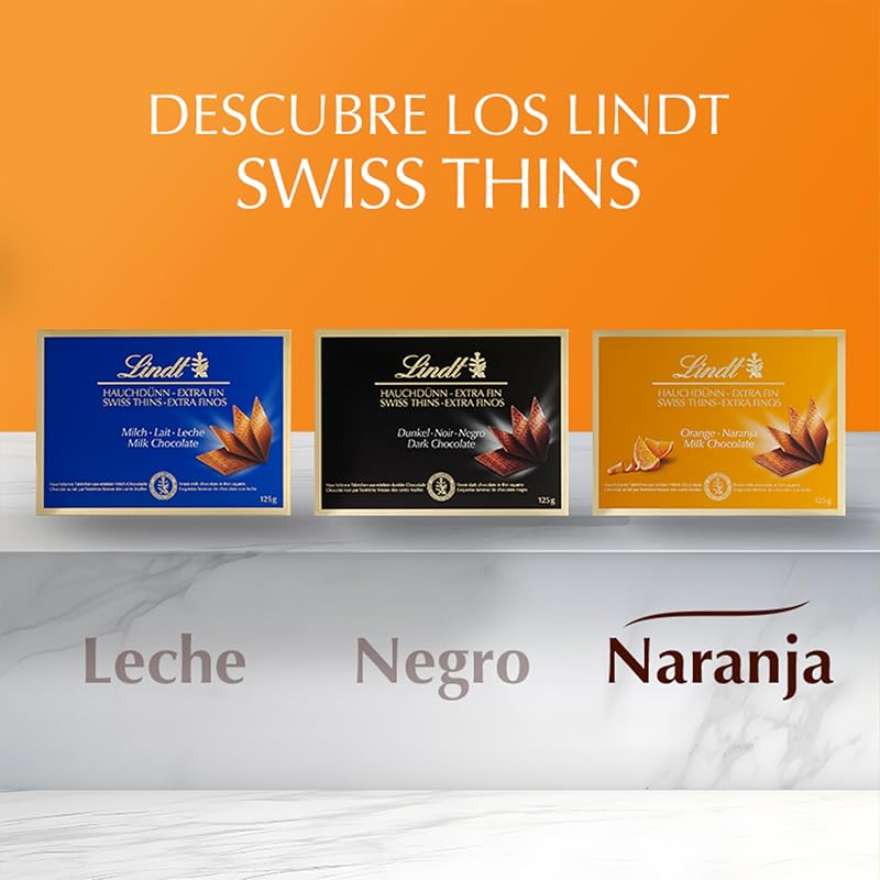 Swiss Thins Chocolate de leite e laranja, folhas de chocolate extra finas, chocolate negro fino, 125G