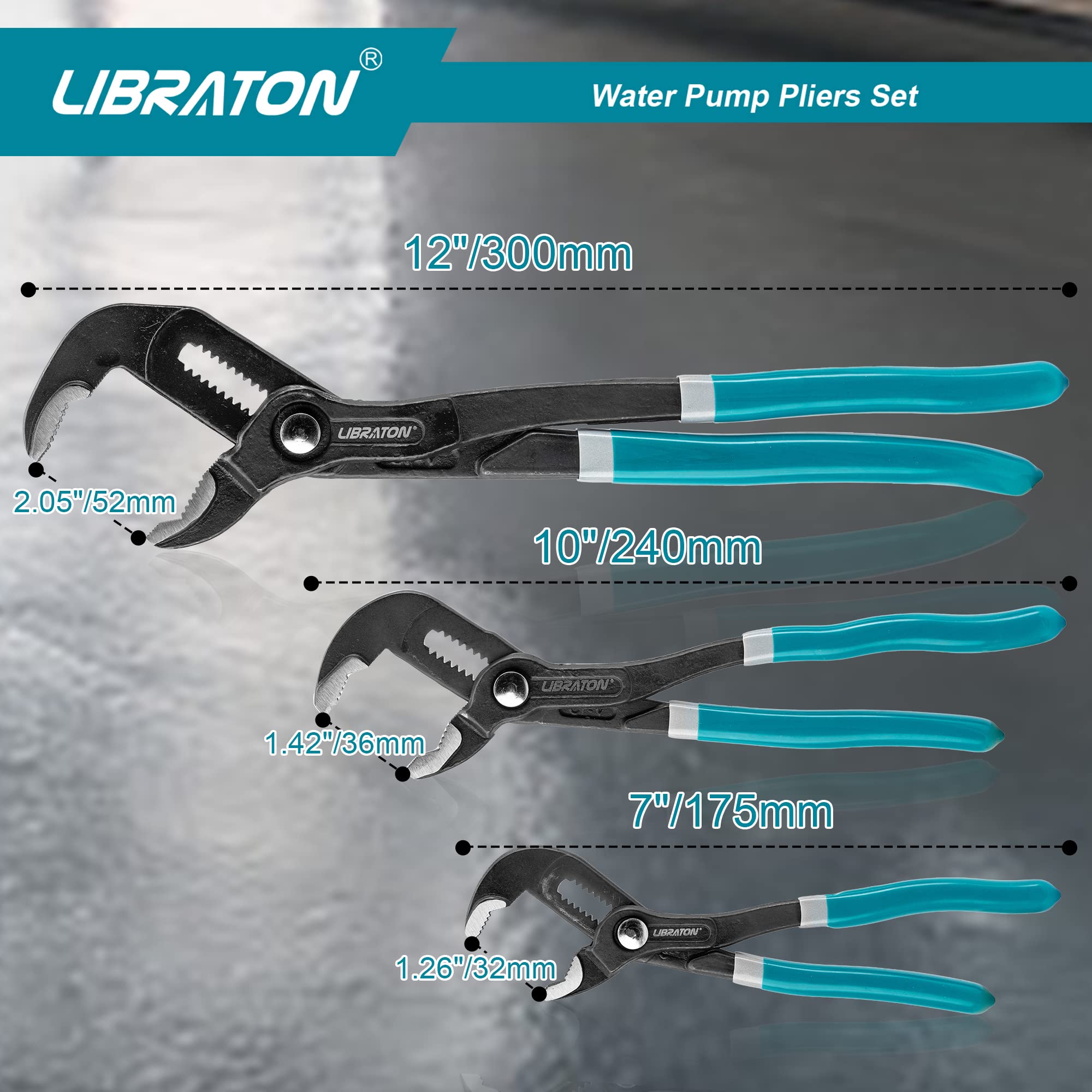 Libraton Wasserpumpenzange Set, Wasserpumpen Zangen-Sets mit Aufbewahrungsbeutel, Rohrzange aus Cr-V Stahl, 3-Teilige Schnelleinstellung Universalzange mit Rillen-Gleitgelenk 3