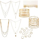 Bcxfbxd 34pcs Gold Jewelry Set for Women Multi Layered Necklace Knuckle Rings Stackable Bracelets Dainty Earrings Fashion Jewelry set Anniversary Birthday Valentine Gift Pack for Women Girls