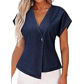 EVALESS Womens Denim Shirts Short Sleeve Button Down Shirts Spring Summer Tops V Neck Work Blouses Asymmetrical Jean Jacket