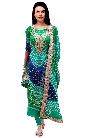 NIKHILAM Womens Silk Bandhej Suit Dress Material