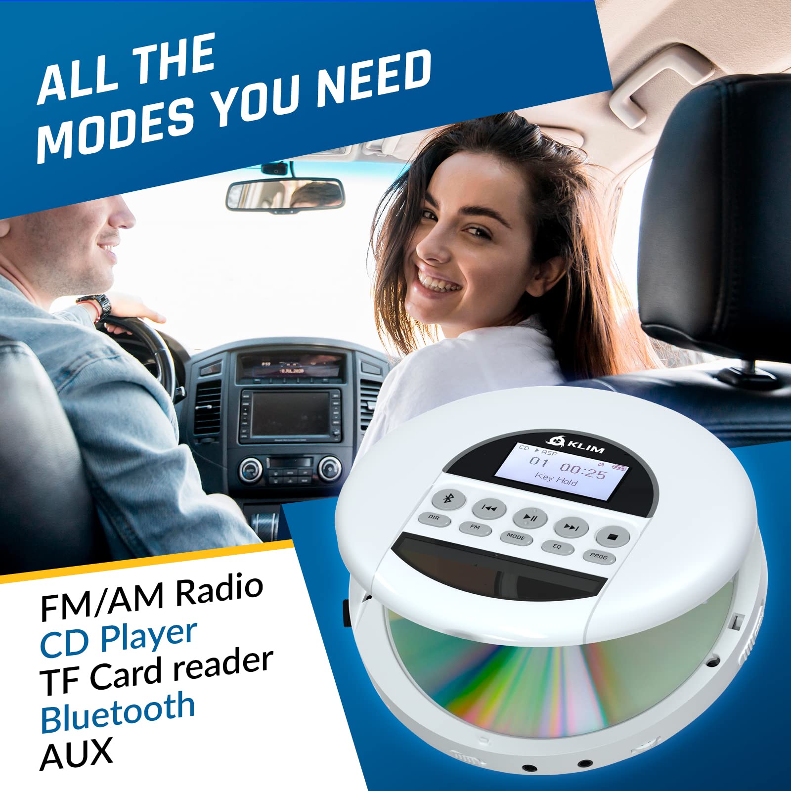 KLIM Nomad - New - Portable CD Player with Long-Lasting Battery - with Headphones - Radio FM - Compatible MP3 CD Player Portable - TF Card Radio FM Bluetooth - Ideal for Cars - White