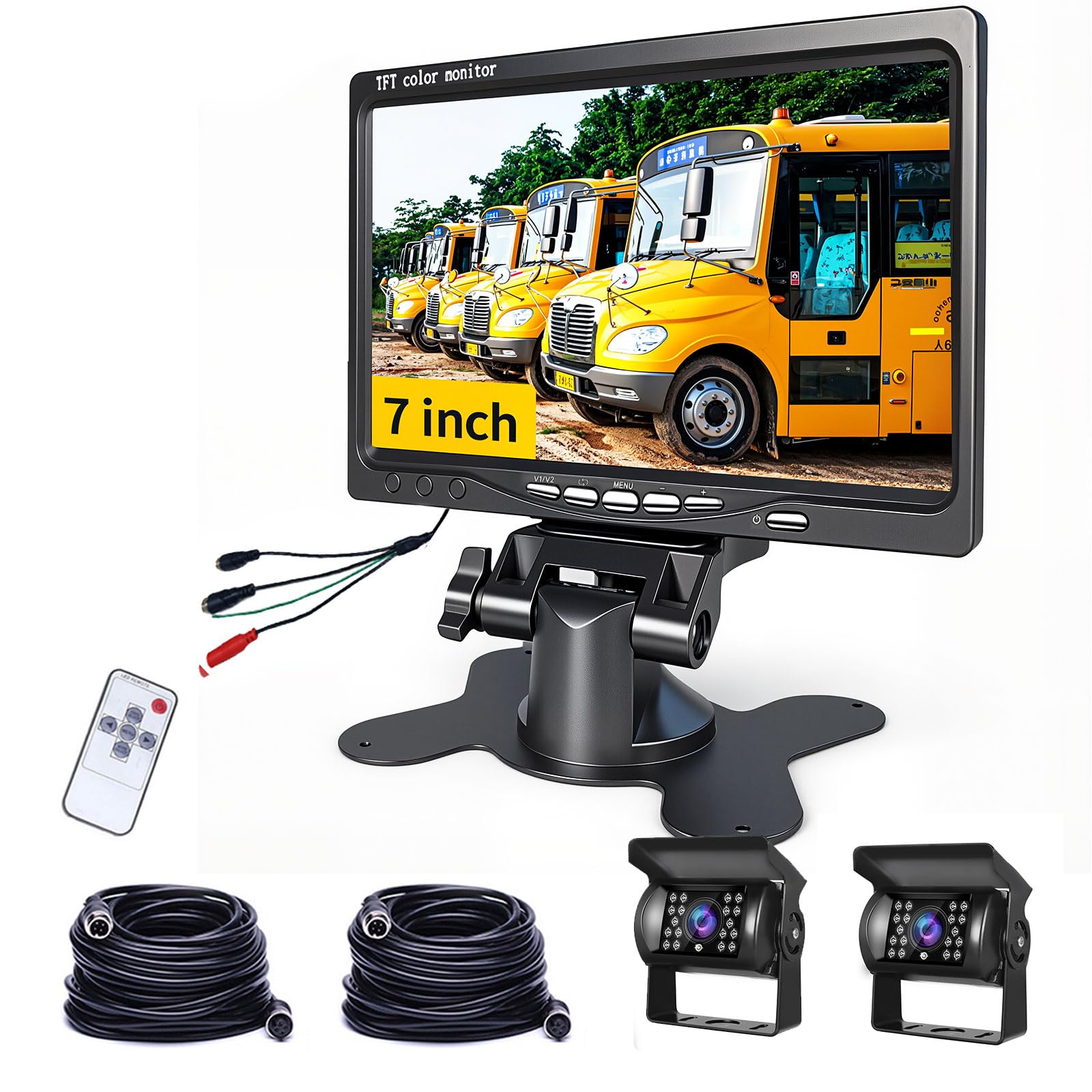 Reversing Camera Kit with 7 Inch LCD Monitor & 2 Backup Camera, IP68 Waterproof, 18IR Night Vision, Hodozzy Rear View Camera 4-Pin Cable Parking Aid for Car Truck/Trailer/Bus/Van/Caravan (12V-24 V)