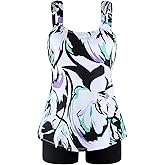 Ocean Blues Women's Tankini Swimsuits Two Piece Bathing Suits Loose Fit Tank Top with Boyshorts