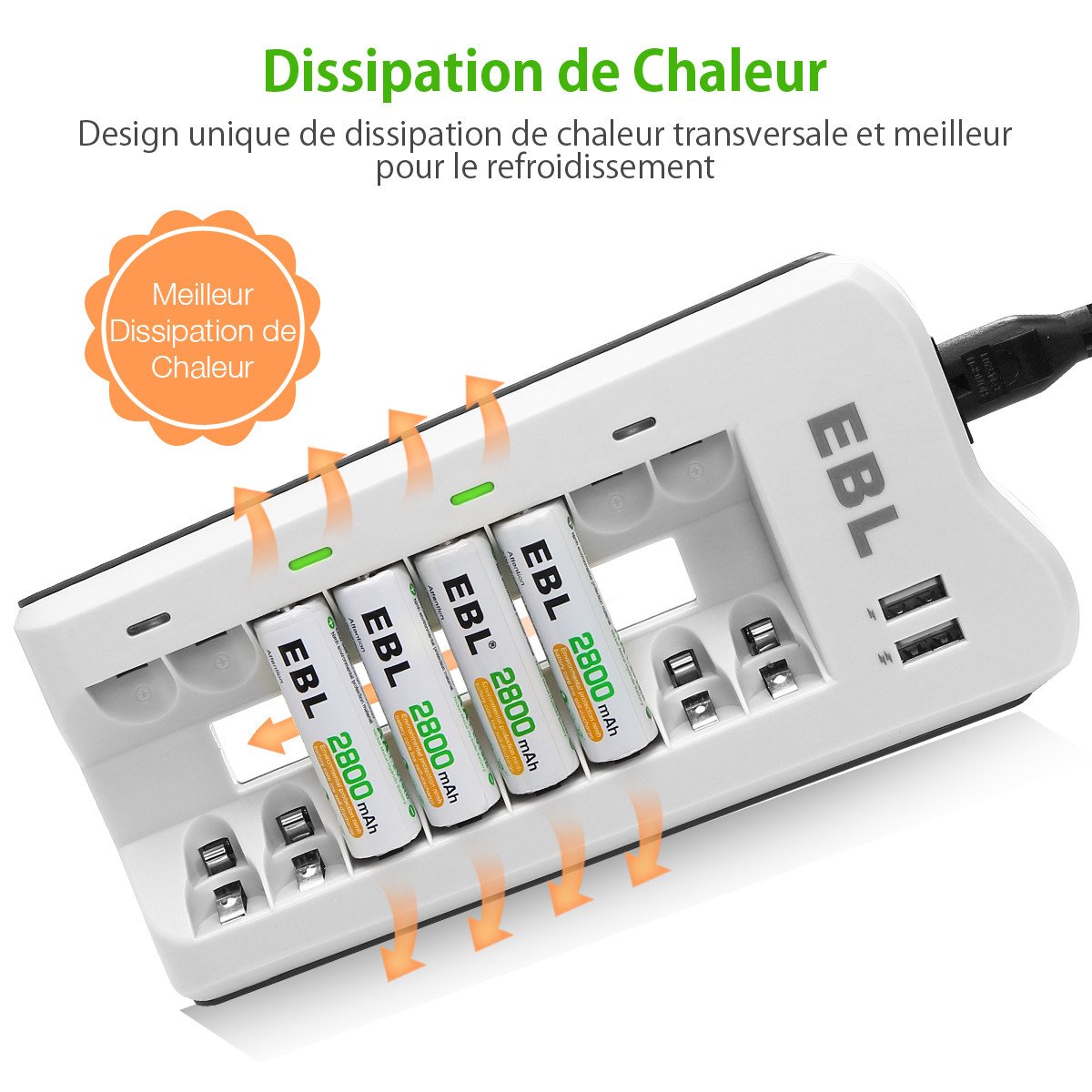 EBL 8pcs Piles AA 2800mAh + Chargeur de Piles 8 Slots avec 2 USB Ports pour Accus AA/AAA/Ni-CD/Ni-MH et Smartphone Tablette Rechargeable Rapide