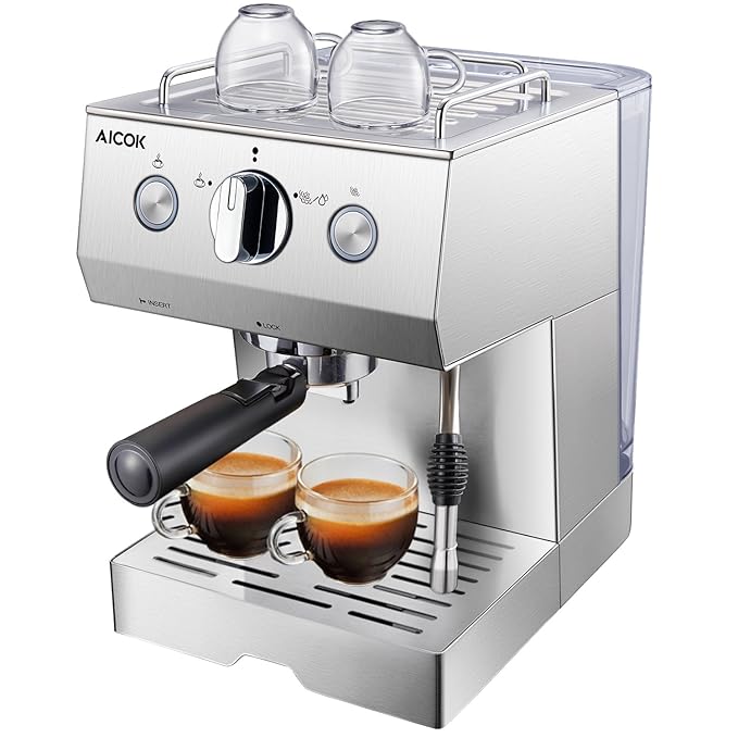 AICOK 15 Bar Espressomaschine | 1140 Watt kaffeemaschine | Cappuccino und Latte | Professionelle Milchaufschäumdüse | Schnell