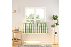 NATUS WEAVER Window Valances 16 inch Length 2 Panels Buffalo Plaid Gingham Rod Pocket Short Small Tier Curtains Kitchen Cafe Curtain Bathroom Curtains Green & White