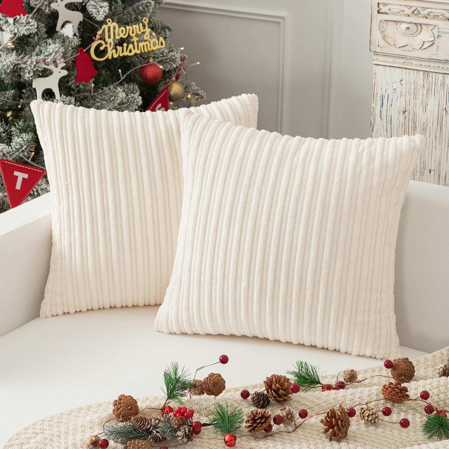 Photo 1 of Kevin Textile Pack of 2, Christmas Soft Corduroy Soild Decorative Square Throw Pillow Covers Set Cushion Cases for Sofa Bedroom Car 18 x 18 Inch 45 x 45 cm, Creamy White