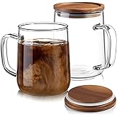 CMLKLZD Glass Coffee Mugs, 14 oz Glass Coffee Cups with Acacia Wood Lids, Clear Borosilicate Glass Mugs with Handles for Cappuccino, Tea, Latte, Hot/Cold Beverages, Wine, Americano, Set of 2