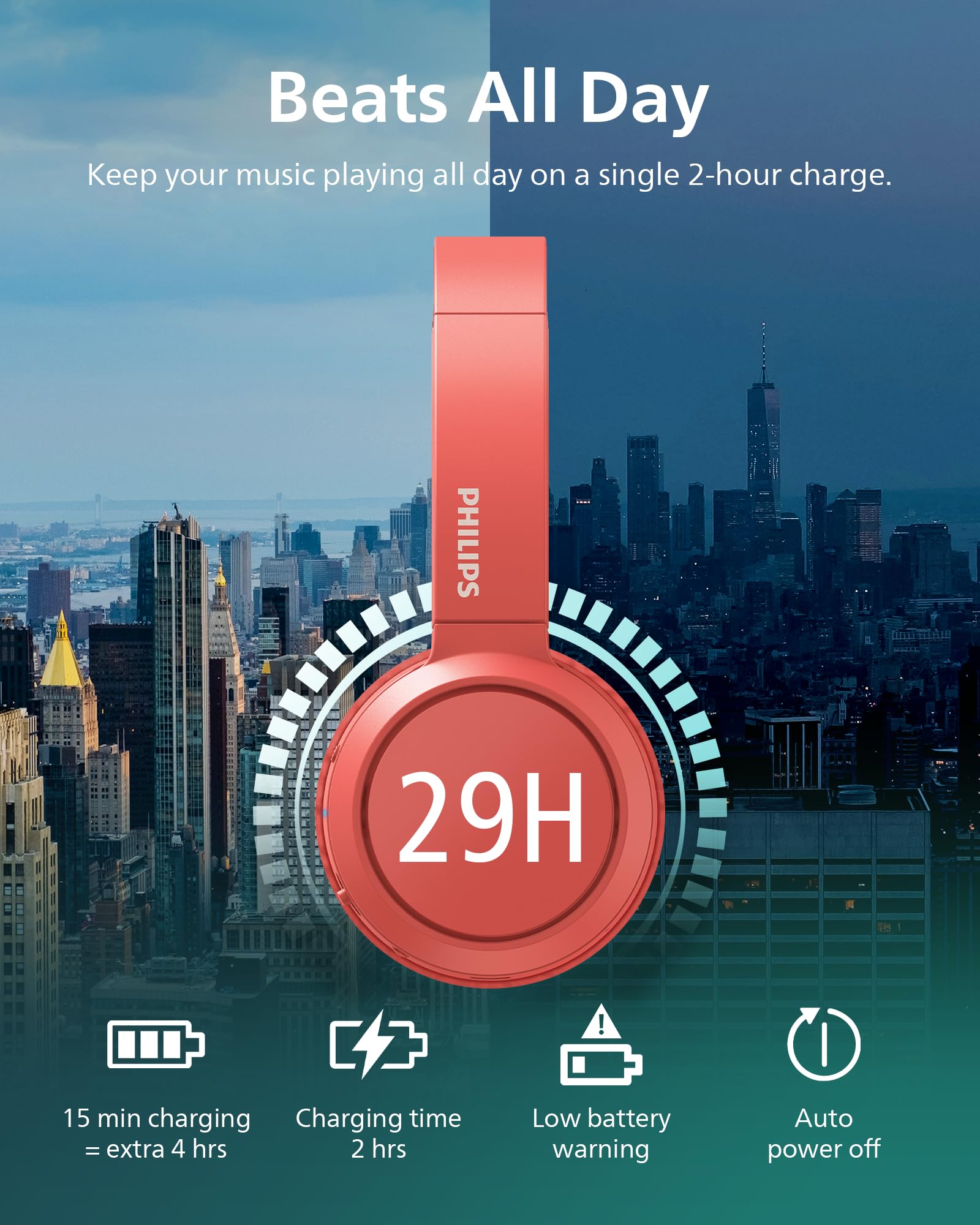 PHILIPS H4205 Wireless Headphone,On-Ear Bluetooth Headphone with BASS Boost,Quality Sound,32mm Drivers,29-Hour Battery Life,Fast Charging,Lightweight,Adjustable Cushioned Headband,Soft Ear Cups,Red