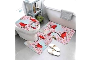 Jbofyee Spring Flowers Cardinal Birds 3 Piece Bathroom Rugs Set, Bath Mat + Contour Mat + Toilet Seat Cover, Non-Slip Soft Microfiber Bathmat for Tub Shower Room Decor, Machine Washable
