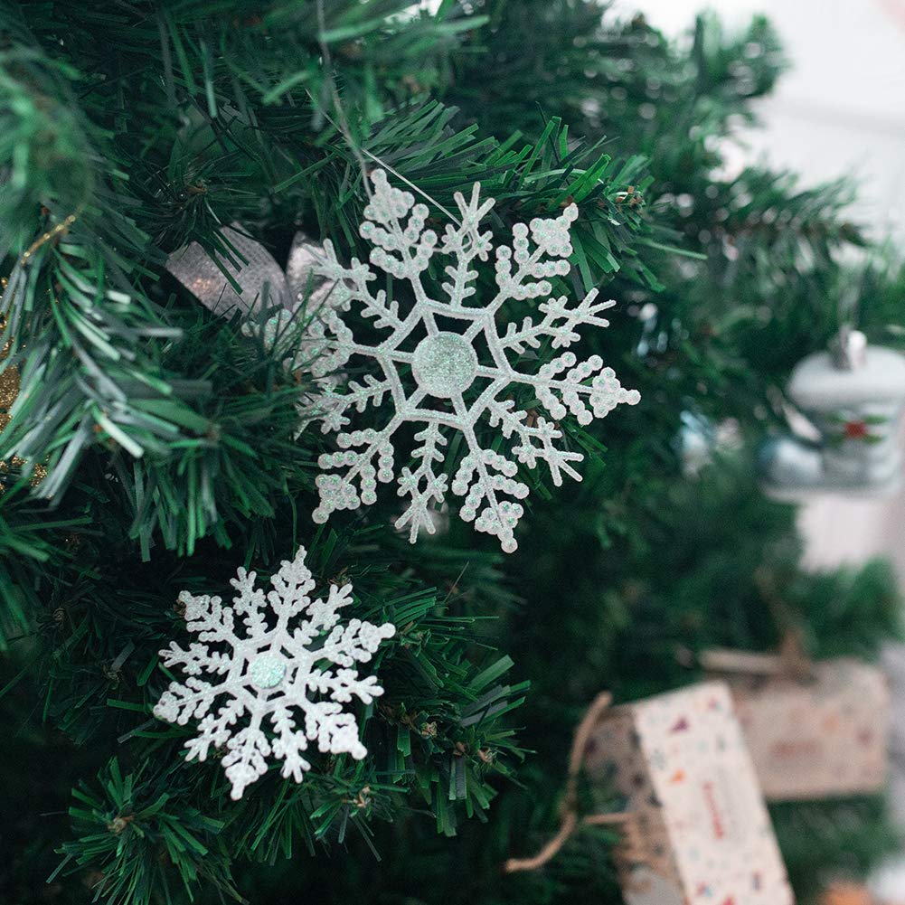 VGOODALL 40 Plastic Glitter Snowflake, Christmas Glitter Snowflake Shape Hanging Ornament Christmas Tree Window Decoration