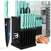 CuCut 16-Piece Kitchen Knife Set with Block - High Carbon Stainless Steel Knives, Black Non-Stick Coating, Triple Riveted Forged Turquoise Handle, Dishwasher Safe, Includes Knife Sharpener, Scissors