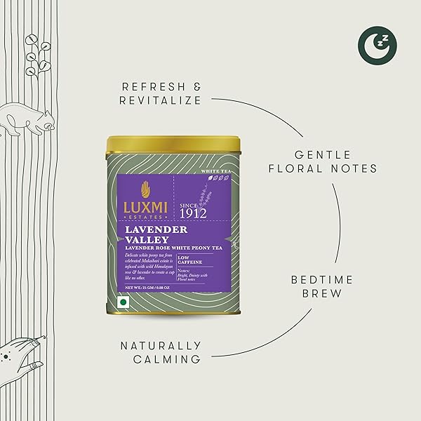 LUXMI ESTATES LAVENDER VALLEY LOOSE LEAF TEA, (25G/0.88OZ) DARJEELING MAKAIBARI WHITE TEA, LOW CAFFEINE, SLEEP FUNCTION TEA