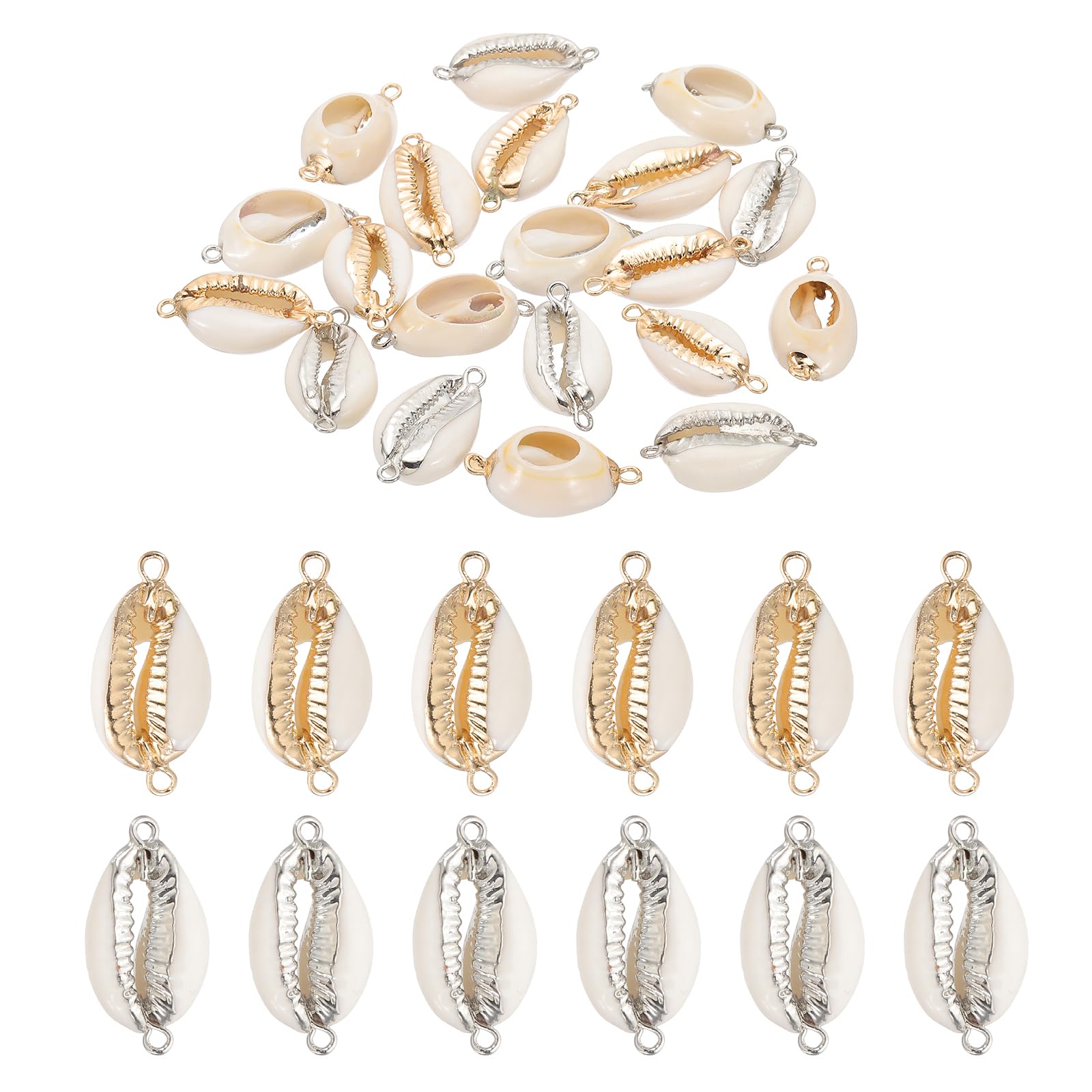 PATIKIL Natural Seashell Charm, 20 Pcs Oval Dyed Shell Craft Pendants with 2 Hole Shell Connection for Necklace DIY Ocean Jewelry Making, Gold/Silver