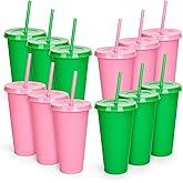 FYSUIMU 12Pcs Pink Green Plastic Cups with Lids Straws Witch Theme Party Reusable Tumbler 24oz Travel Mug Cup Colored Iced Coffee Juice Plastic Cups for Birthday Baby Shower Holiday Party Supplies