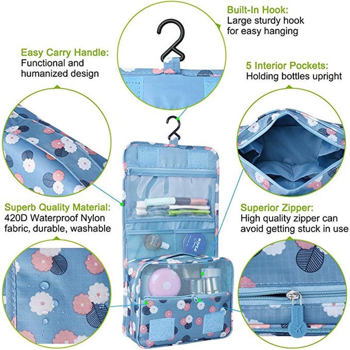 BryTravel Foldable Toiletry Bag with Hooks, Upgraded Cosmetic Bag for Travel Large Capacity, Waterproof Cosmetic Bag - Image 5