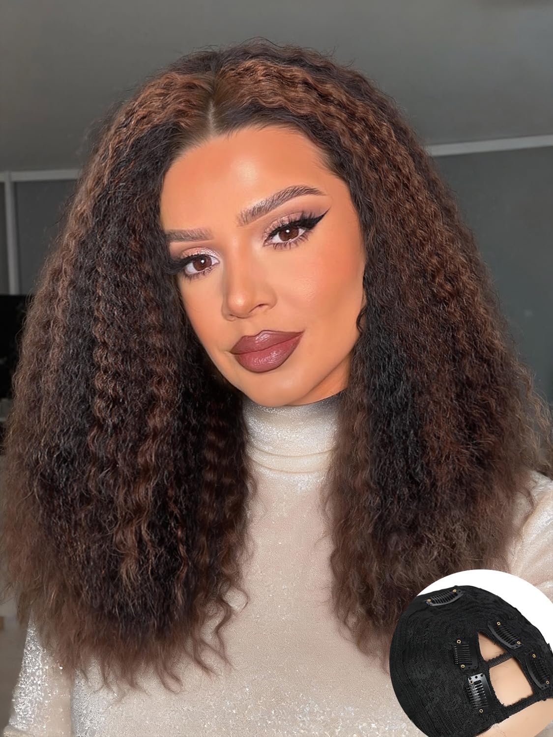 Photo 1 of 16 Inch Brown V Part Half Wigs for Black Women Kinky Layered Straight U Part Wig Synthetic Glueless Wigs Party Daily Christmas Wear And Go