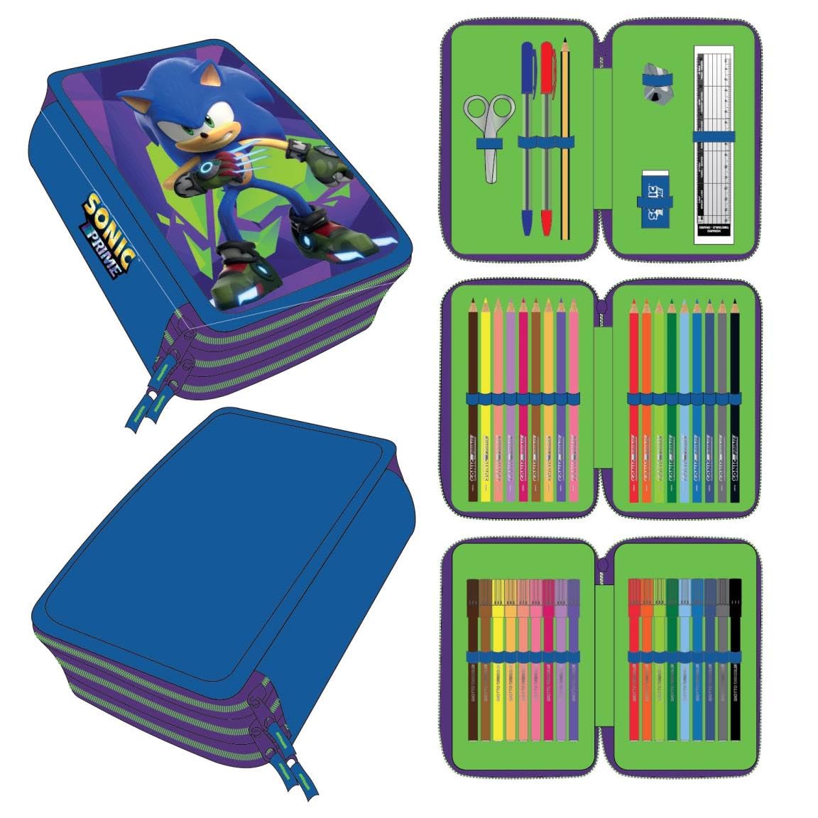 Sonic Prime Pencil Case with Accessories - Purple and Blue - 12.5 x 6.5 x 18.5 cm - Made of Polyester - Triple Compartment with Zip Closure - Original Product Designed in Spain