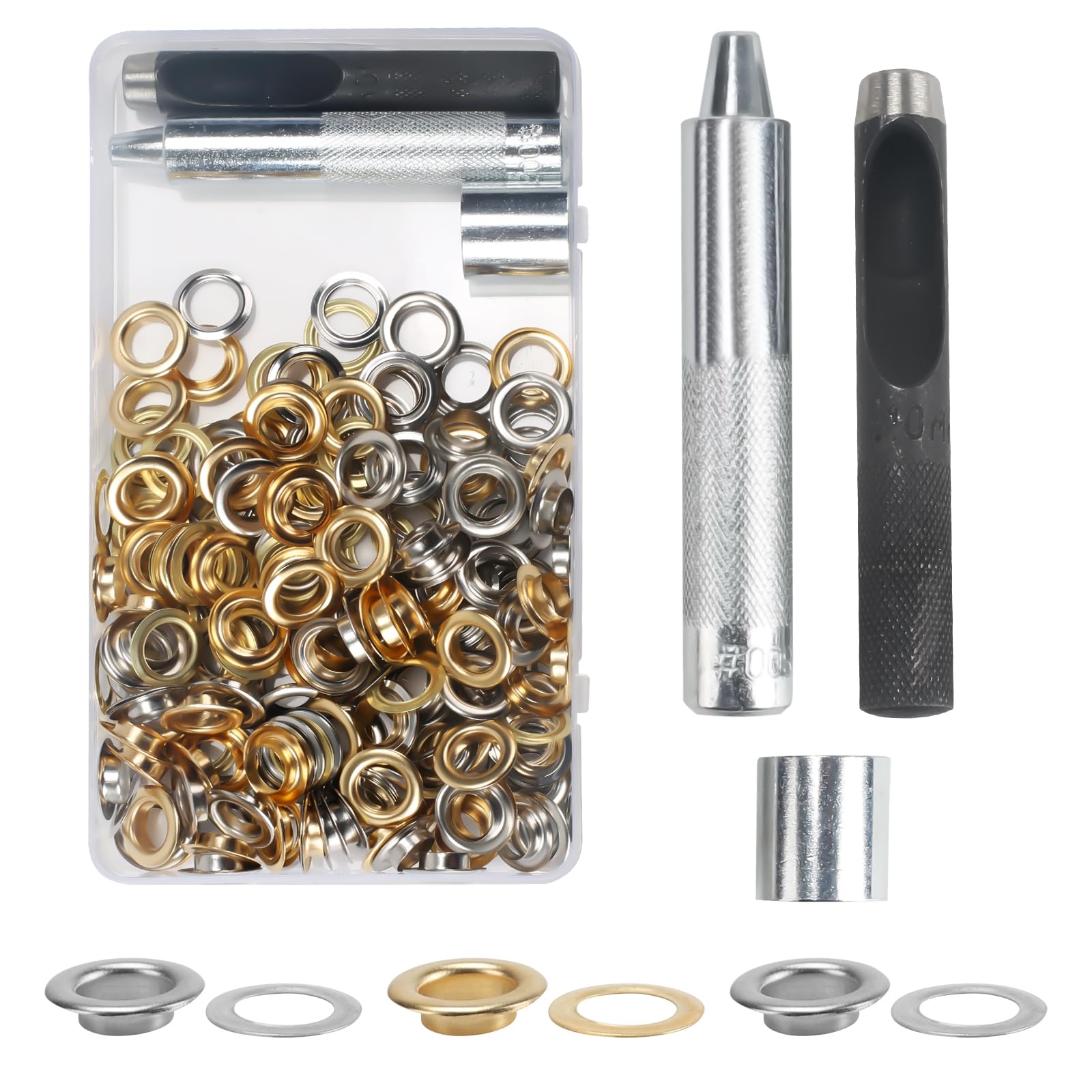 KJLEEN 140 Sets 10mm Grommet Tool Kit Gold Eyelets Silver Eyelet Punch Kit, Metal Grommets Brass Eyelets Set Grommet Eyelet Kit for Fabric Tarpaulin Canvas Curtains Awnings Leather Clothing Craft