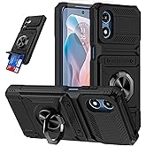 Furiet Phone Case for Motorola Moto G Play 2024 4G with Tempered Glass Screen Protector Card Slots Ring Stand Soft Silicone Bumper Hybrid Two Layer Defender for XT2413V XT2413-1 64GB Black