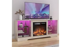 TAVATA Fireplace TV Stand with 18''-Fireplace, Modern Entertainment Center for TVs up to 65 inch, Media TV Console with Adjustable Glass Shelves and Storage Cabinets(Beige)