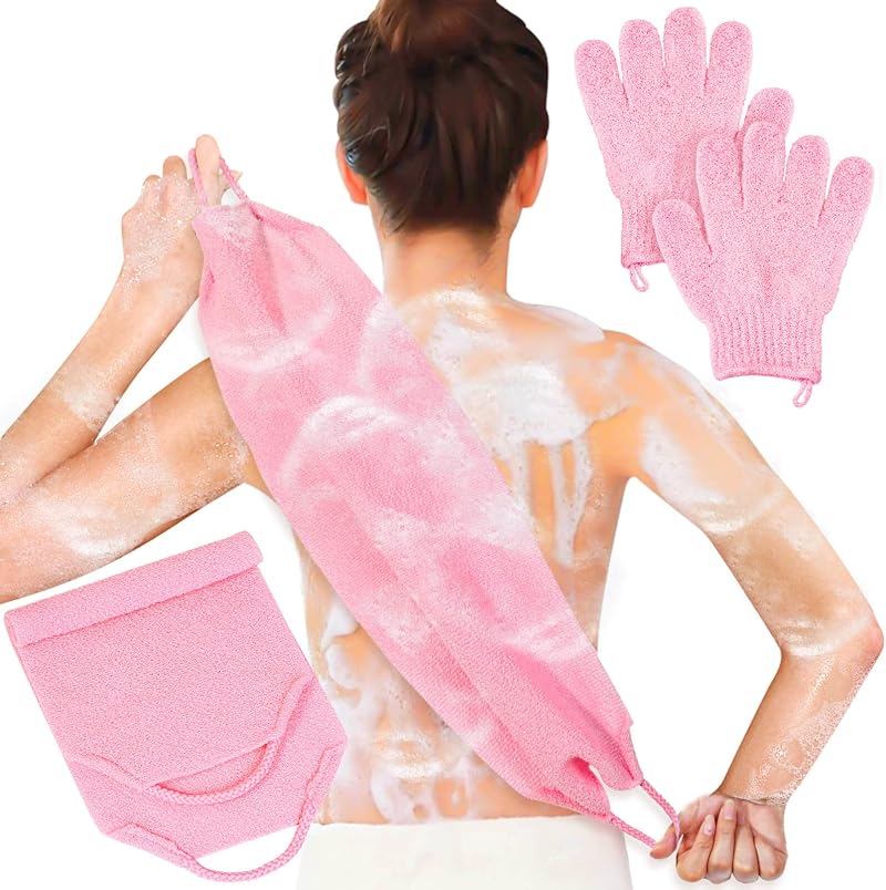 Anezus Exfoliating Shower Bath Gloves Back Scrubber Set - Pink