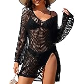 SOCIALA Swimsuit Coverup for Women Crochet Long Sleeve Bathing Suit Cover Up Loose Fit Beach Swimwear Dress