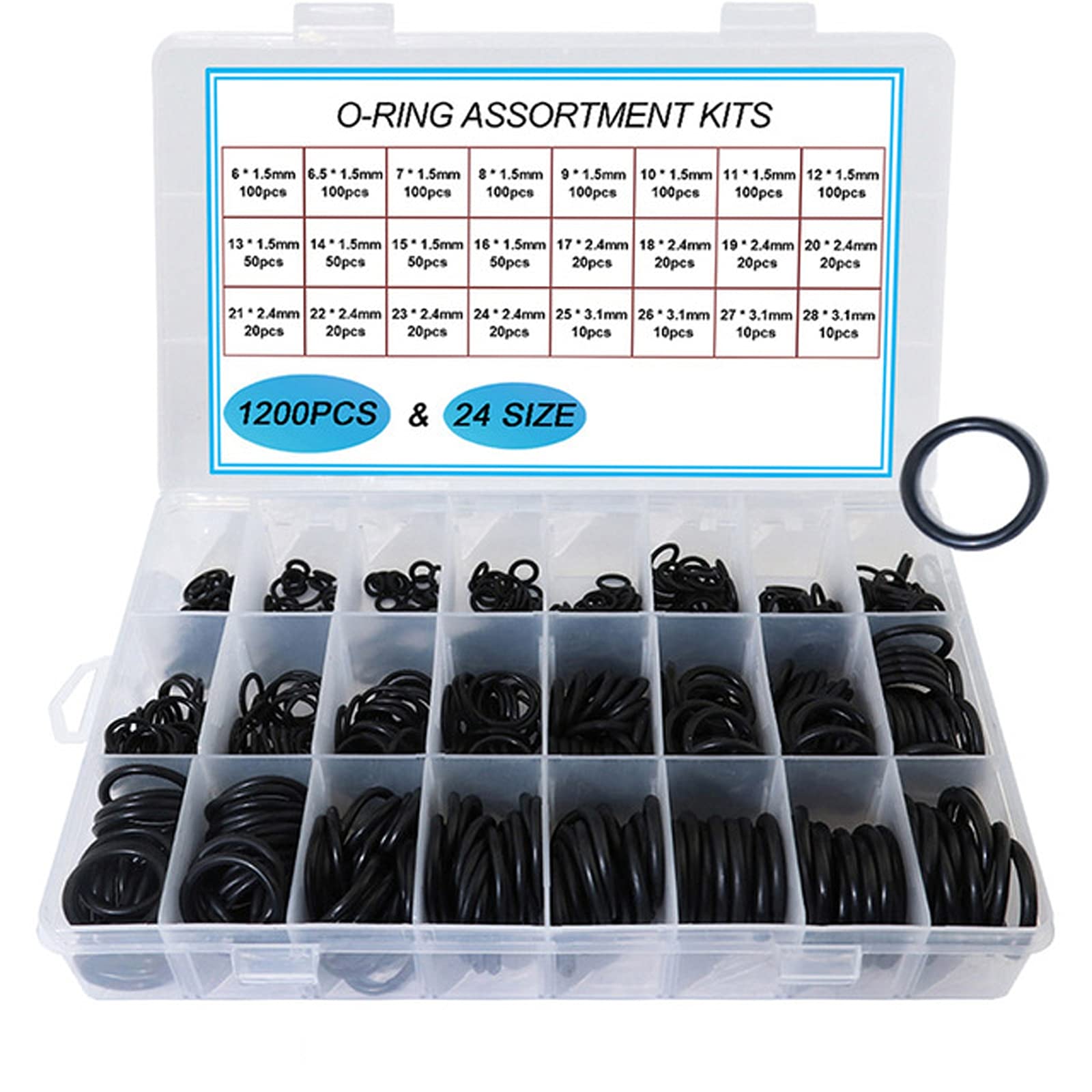 1200PCS Rubber Sealing Gasket Sets,24 Sizes NBR Seal O-Ring Kit Auto Repair O Ring for Plumbing Garages, Workshops (Black)