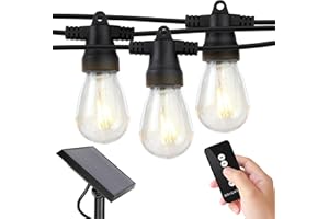 Brightech Ambience Pro – Solar Power Remote Control Outdoor String Lights with Edison Bulbs – Shatterproof, Commercial Grade LED Waterproof Patio Lights, Christmas – 1W 15 Bulbs, 3,000K, 48 ft