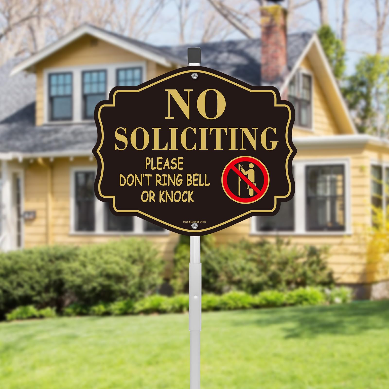 Photo 1 of No Soliciting Sign for House Yard?No Soliciting Do Not Knock or Ring Bell Sign,12"x10" Rust Free Reflective Aluminum with 28" Metal Stakes, Fade Resistant, UV Protected, Easy to Mount(Golden)