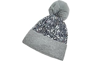 Winter Sparkly Sequin Fur Pom Beanie, Women Sequin Knitted Skull Cap