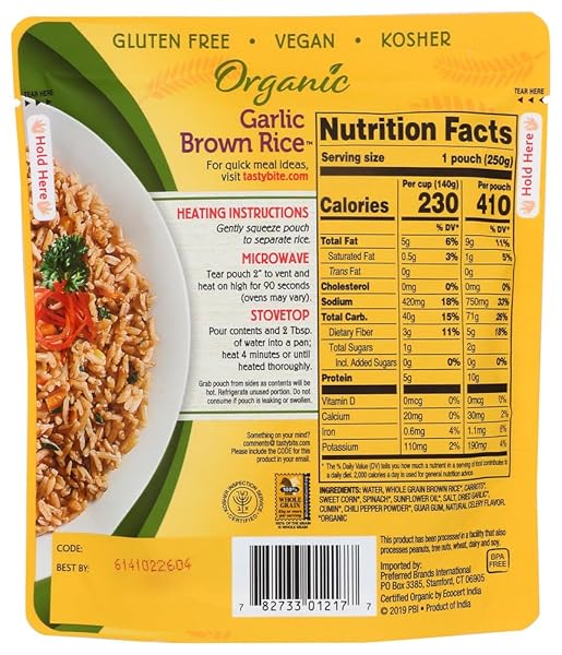 TASTY BITE ORGANIC BROWN RICE GARLIC, 8.8 OUNCE, PACK OF 6, READY TO EAT, MICROWAVABLE, GLUTEN-FREE GARLICKY RICE