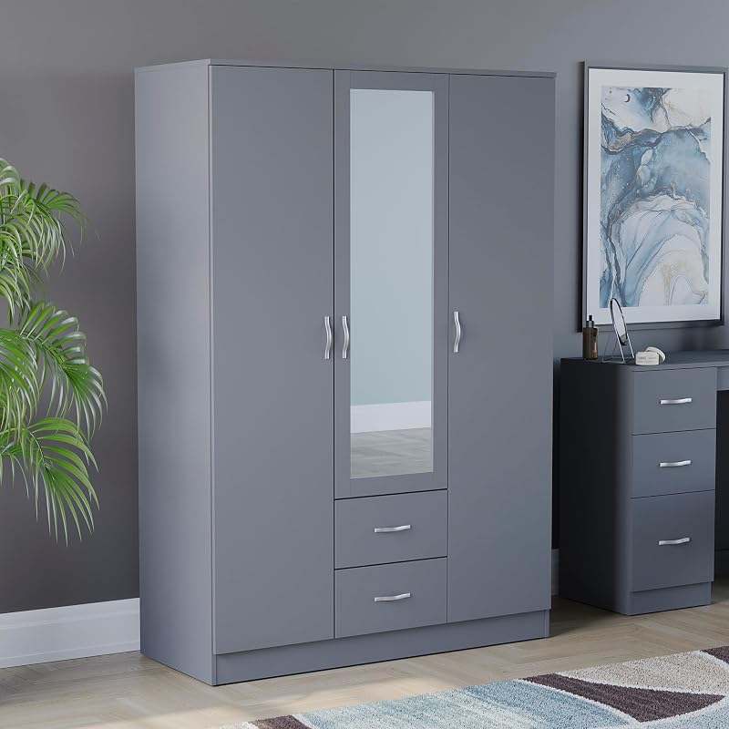 Vida Designs Riano 3 Door Mirrored Wardrobe Grey 170H x 115.4W x 53D cm