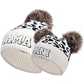 2PCS Parent-Child Beanie Hat Mama and MINI Embroidery Knitted Hat Winter Warm Cuffed Ski Cap with Pom Pom