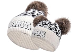 HENWASAI 2PCS Parent-Child Beanie Hat Mama and MINI Embroidery Knitted Hat Winter Warm Cuffed Ski Cap with Pom Pom