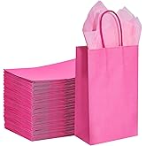 DjinnGlory 100 Pack Small Hot Pink Paper Gift Bags with Handles 9x5.5x3.15 Inch for Small Business, Weddings, Bridal Showers, Themed Birthday Party Goodies Favors
