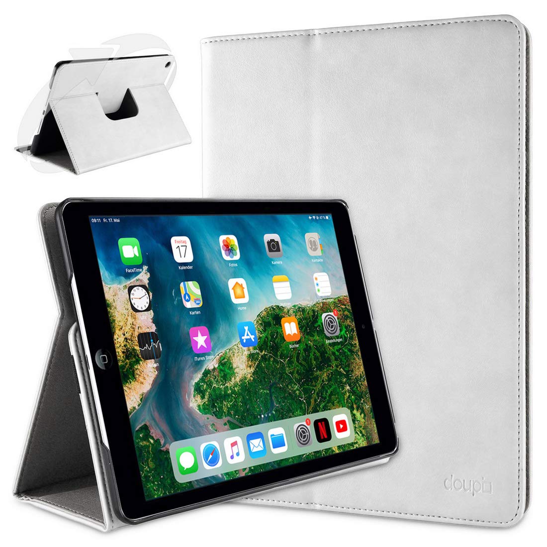 doupi Smart Flip Cover for iPad Air (1. Gen.), Deluxe Protective Case with Sleep/Wake Function 360 Degree Rotatable Stand Screen Protector, White — image 1